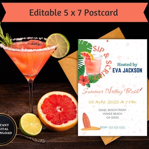 Bearbeitbare Sip und Script Einladung | 5x7 Digitaler Download | Kalligraphie & Weinparty | Canva Vorlage