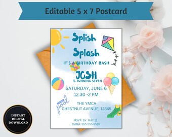 Summer Birthday Invitation Template: Editable Pool Party Design (5x7 Inches) (Digital Download)