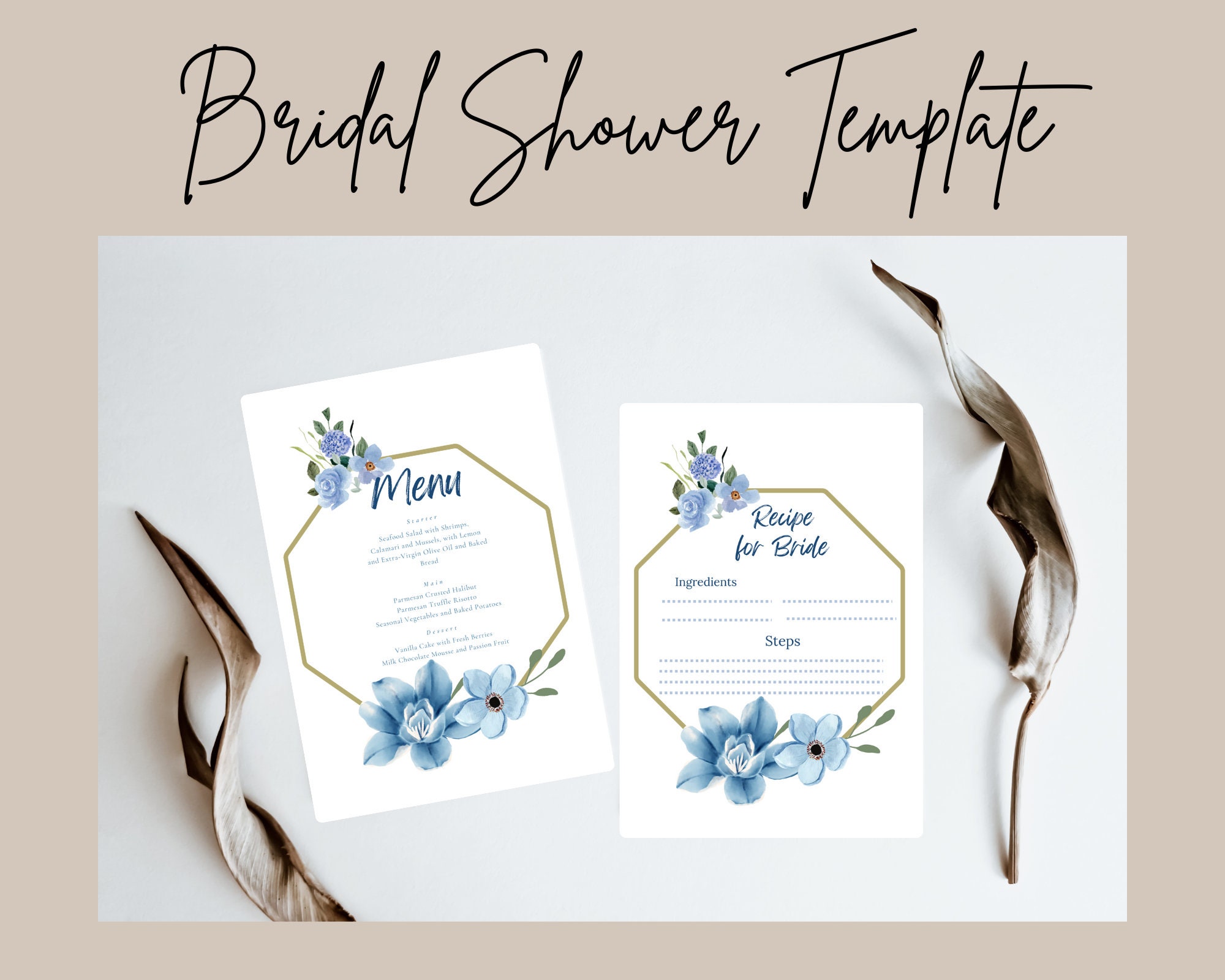 Blue Floral Bridal Shower Template Bundle, Bridal Shower Game Template ...