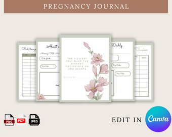 May include: Printable pregnancy journal with a floral design. The journal includes sections for tracking first-time pregnancy symptoms, baby details, and a tracker for appointments and notes.
