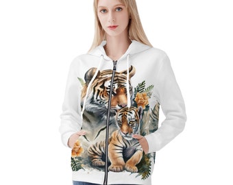 Women's Zipped , Front and Back Printed , TIGER  Hoodie