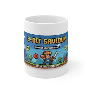 8-Bit Saviour Ceramic Coffee Mug: Nostalgic Gamer Gift