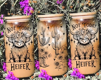 Highland Cow Glass Cup, Not Today Heifer, Iced Coffee Cup,  Highland Cow Tumbler, Funny Cow Cup, Cow Coffee Mug, Cow Glass Cup, Gift For Mom