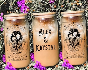 The Lovers Tarot Card Glass Tumbler, Custom His & Hers Skeleton Iced Coffee Cup, Couples Custom Gift, Halloween Beer Glass Can, Wedding Gift
