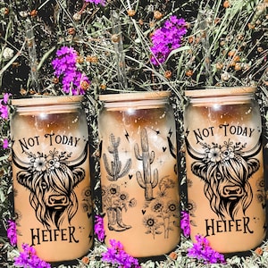 Highland Cow Glass Cup, Not Today Heifer, Iced Coffee Cup,  Highland Cow Tumbler, Funny Cow Cup, Cow Coffee Mug, Cow Glass Cup, Gift For Mom