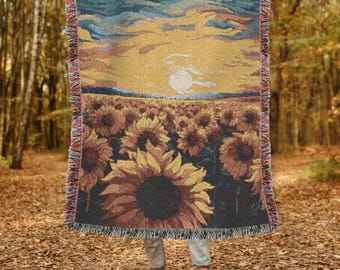 Field of Flowers Woven Blanket Floral Woven Blanket Cozy Nature-Inspired Throw Spring Scene Woven Blanket Cottagecore Sunflower Blanket