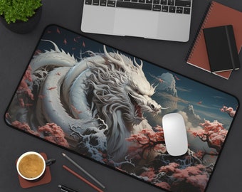 Japanese Dragon Desk Mat , Japanese Art Decor, 3 Sizes, White Dragon Desk Mat, Japanese Design Mouse Pad, Gaming Mouse Pad