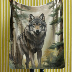 May include: A gray wolf stands in a forest setting. The wolf is looking directly at the viewer. The background is a blurred image of trees and foliage.