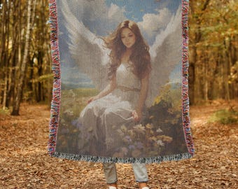 Angel Woven Blanket Heavenly Decorative Wall Tapestry Angelic Home Decor Angel Woven Throw Cottagecore Woven Blanket Nature-Inspired Throw