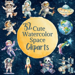 Aquarell Weltraum Cliparts Niedliche Tier Astronauten im Weltraum Clipart Weltraumforschung Clip Art für Kinder Digital Download druckbare Party Dekoration