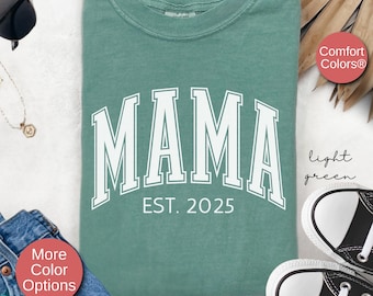 Camiseta personalizada do ano da mamãe Est para presente de dia das mães da filha, camiseta personalizada de anúncio de nova mãe, presente de chá de bebê, presente de aniversário para a mãe