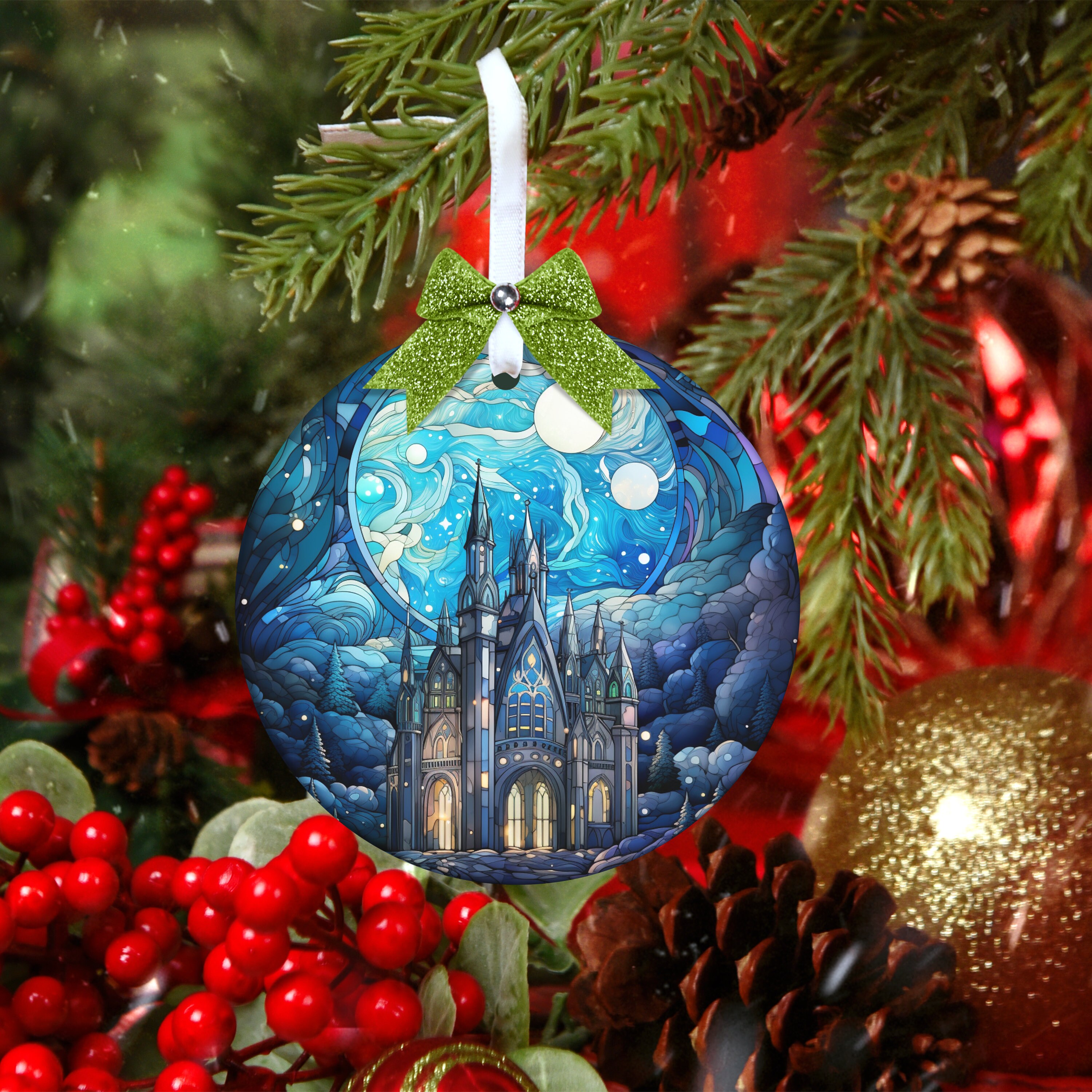 Stained Glass Full Moon Night Sky Design Ornament, Christmas Ornament