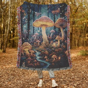 Mushroom Forest Woven Blanket Botanical Woven Blanket Cozy Nature-Inspired Throw Cottagecore Woven Blanket Holiday Seasonal Woven Blanket