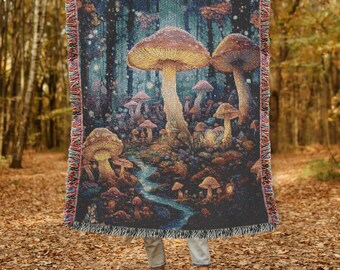 Manta tejida para amantes de los hongos Tapiz tejido botánico Manta inspirada en la naturaleza Manta tejida estilo cottagecore Manta tejida botánica vintage