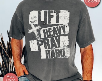 Camisa de treino cristã para homens, camisa de fitness, camisa de treino, camisa de ginástica cristã, camisa de levantamento de peso, levante pesado, reze muito, musculação
