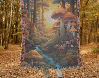 Manta tejida con diseño de bosque de setas Manta tejida botánica Manta tejida acogedora inspirada en la naturaleza Manta tejida estilo cottagecore Manta tejida navideña de temporada