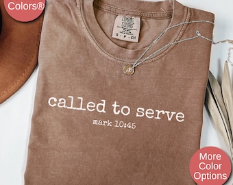 May include: A brown t-shirt with the text "called to serve mark 10:45" printed in white. The shirt is made of a soft, comfortable material and has a distressed look. The word "espresso" is printed in white at the bottom of the shirt.