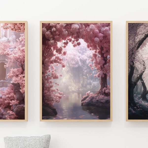 Cherry Blossom Forest Printable Wall Art Set of 3, Cherry Blossom Wall Art, Digital Art, Living Room Decor, Bedroom Decor, Digital Download