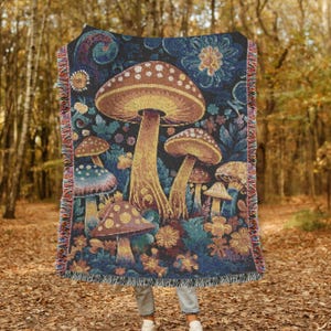 Psychedelic Mushroom Forest Woven Blanket, Botanical Woven Blanket, Cottagecore Blanket, Mushroom Tapestry, Blanket Gift For Mushroom Lover
