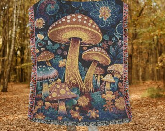Psychedelic Mushroom Forest Woven Blanket, Botanical Woven Blanket, Cottagecore Blanket, Mushroom Tapestry, Blanket Gift For Mushroom Lover