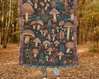 Forest Flora Mushrooms Woven Blanket for Mushroom Lovers Botanical Woven Tapestry Cottagecore Woven Blanket Botanical Vintage Woven Blanket