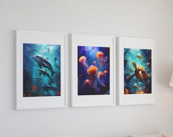 Sea Life Watercolor Wall Art Set of 3, Dolphins Jellyfish Sea Turtles Wall Art, Kids Room Wall Art, Digital Download, Office Decor