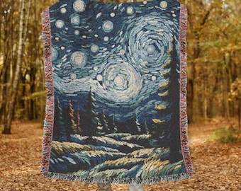 Whimsical Night Sky Forest Woven Blanket, Night Stars Fantasy Throw Blanket Gift For Art Lovers, Cozy Nature Lovers Tapestry Blanket Gift