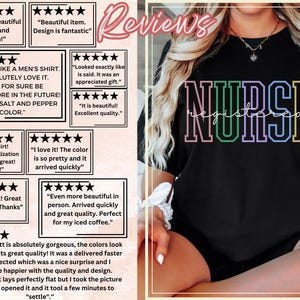 Pode incluir: Uma camiseta preta com a palavra "NURSE" em cores do arco-&iacute;ris. O texto "registered" est&aacute; escrito em uma fonte menor abaixo da palavra "NURSE". A camiseta est&aacute; sendo usada por uma pessoa. A imagem inclui avalia&ccedil;&otilde;es de clientes sobre a camiseta.