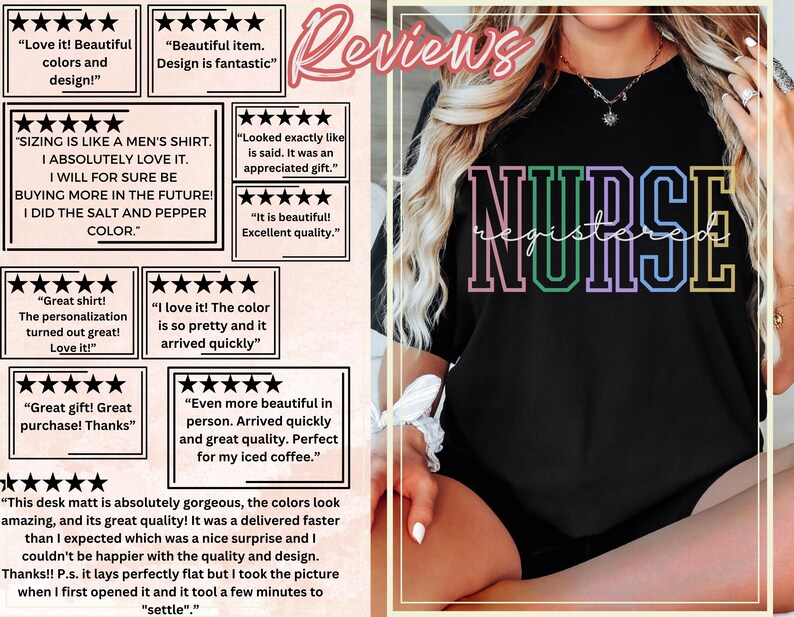 Pode incluir: Uma camiseta preta com a palavra "NURSE" em cores do arco-&iacute;ris. O texto "registered" est&aacute; escrito em uma fonte menor abaixo da palavra "NURSE". A camiseta est&aacute; sendo usada por uma pessoa. A imagem inclui avalia&ccedil;&otilde;es de clientes sobre a camiseta.