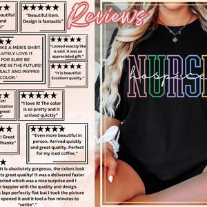 May include: A black t-shirt with the text "NURSE hospice" in rainbow colours. The text is in a bold, blocky font. The shirt is being worn by a person with long blonde hair. The image includes customer reviews of the shirt.