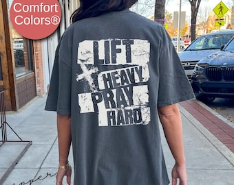 Camisa de treino cristã para mulheres, camisa de fitness, camisa de treino, camisa de ginástica cristã, camisa de levantamento de peso, levante pesado, reze muito, musculação