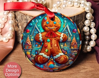 Gingerbread Man Ornament Holiday Keepsake Christmas Ornament For Tree Acrylic Ornament with Ribbon Christmas Tree Decor Stained Glass Design