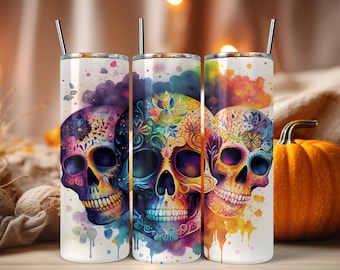 Coleção de 8 Adesivos para Copo Térmico com Estampa de Caveiras e Flores, Designs para Sublimação em Copos Térmicos, Adesivos para Copos Térmicos de 590ml, Download Digital de Adesivos para Copos Térmicos