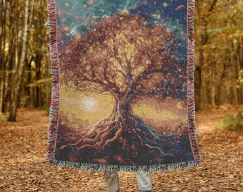 Tree of Life Woven Blanket Cottagecore Tapestry Floral Woven Blanket Boho Woven Throw Blanket Cozy Nature-Inspired Woven Throw Blanket