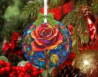 Stained Glass Rose Christmas Design Ornament,  Christmas Ornament  Flat Shaped, Holiday Ornament, Flower Ornament