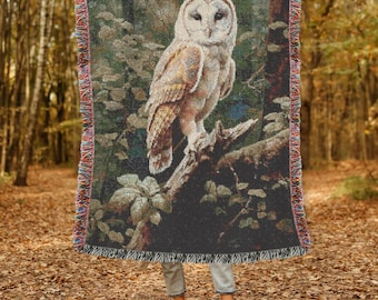 Forest Owl Woven Blanket Cottagecore Tapestry Woodland Woven Blanket Barn Owl Woven Throw Blanket Cozy Nature-Inspired Woven Throw Blanket