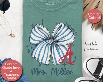 Personalized Coquette Bow Teacher T-Shirt, Custom Grade Level Back To School Teacher Team Shirts, Customized Name Teacher Shirt Gifts