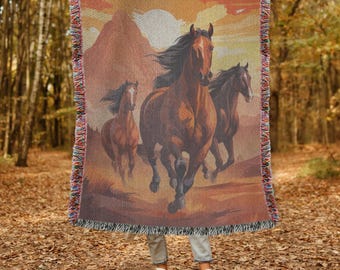 Horse Woven Blanket Equestrian Blanket Horses Woven Throw Spring Scene Cottagecore Woven Blanket Home Decor Gift Cozy Nature-Inspired Throw