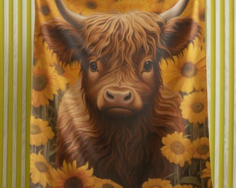 Manta de vellón sherpa de vaca de las Tierras Altas, acogedora y suave, ideal para amantes de las vacas, ideal como manta de sofá con diseño de girasoles, ideal como regalo del Oeste.