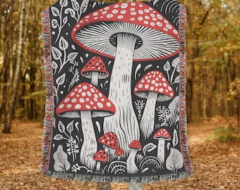 Mushroom Forest Botanical Woven Blanket, Dark Cottagecore Cozy Mushroom Nature Lover Blanket, Gift For Botanical lovers Woven Fringe Blanket