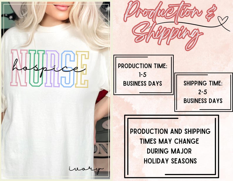 May include: White t-shirt with the text "NURSE hospice" in rainbow colours. Production time is 1-5 business days and shipping time is 2-5 business days. Production and shipping times may change during major holiday seasons.