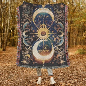 Sun and Moon Woven Blanket Celestial Throw Blanket Cosmic Cosmic Ethereal Decor Astrology-Inspired Tapestry Cozy Bohemian Home Decor Gift