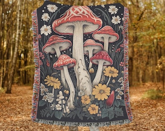Mushroom Forest Botanical Woven Blanket, Dark Cottagecore Throw Gift For Mushroom Lover, Cozy Season Mushroom Nature Lover Fringe Blanket