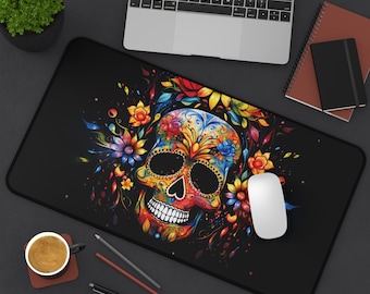 Alfombrilla de escritorio con calavera de azúcar, alfombrilla de ratón con calavera de azúcar en acuarela para Halloween, alfombrilla para juegos de Halloween, alfombrilla de escritorio del Día de los Muertos, alfombrilla de escritorio de temporada espeluznante