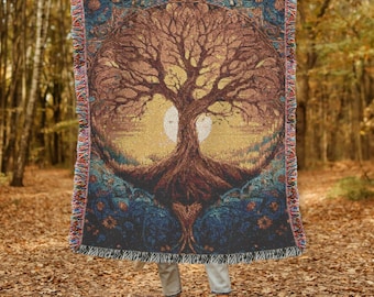Tree of Life Woven Blanket Cottagecore Tapestry Floral Woven Blanket Boho Woven Throw Blanket Cozy Nature-Inspired Woven Throw Blanket
