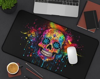 Alfombrilla de escritorio con calavera de azúcar, alfombrilla de ratón con calavera de azúcar en acuarela de Halloween, alfombrilla de juego espeluznante, alfombrilla de escritorio para computadora de Halloween, alfombrilla de juego de temporada espeluznante