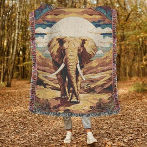 Elephant Woven Blanket Cozy Nature-Inspired Throw Sahara Animal Woven Blanket Cottagecore Throw Blanket Elephant Sahara Woven Blanket