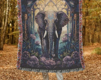 Manta tejida con elefantes, acogedora manta inspirada en la naturaleza, manta tejida con animales del Sahara, manta estilo Cottagecore, tapiz tejido con elefantes del Sahara