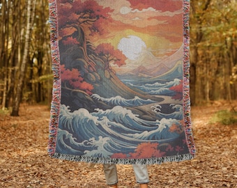 Manta tejida con puesta de sol japonesa, acogedora manta inspirada en la naturaleza, manta tejida con ondas japonesas, manta tejida de temporada para vacaciones Cottagecore