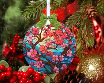 Adorno navideño con diseño de flores de cerezo en vitrales, adorno navideño de forma redonda, adorno festivo, adorno de flores